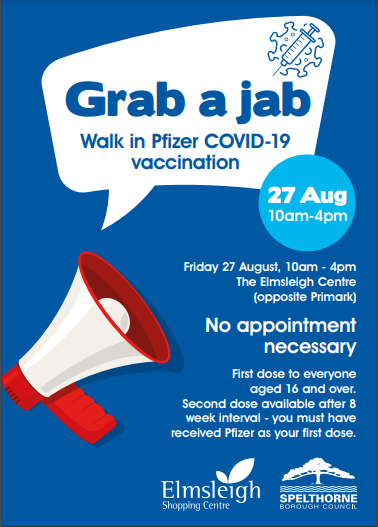 Grab a Jab – walk-in Pfizer Covid-19 vaccination on 27th August